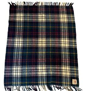 Vintage Curvon Jewel Plaid Fringe Wool Scarf (40" x 33.5")